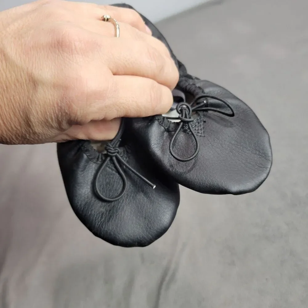 Black Leather Ballet Shoes Size 11 With Elastic Drawstring For Girls Soft Sole D